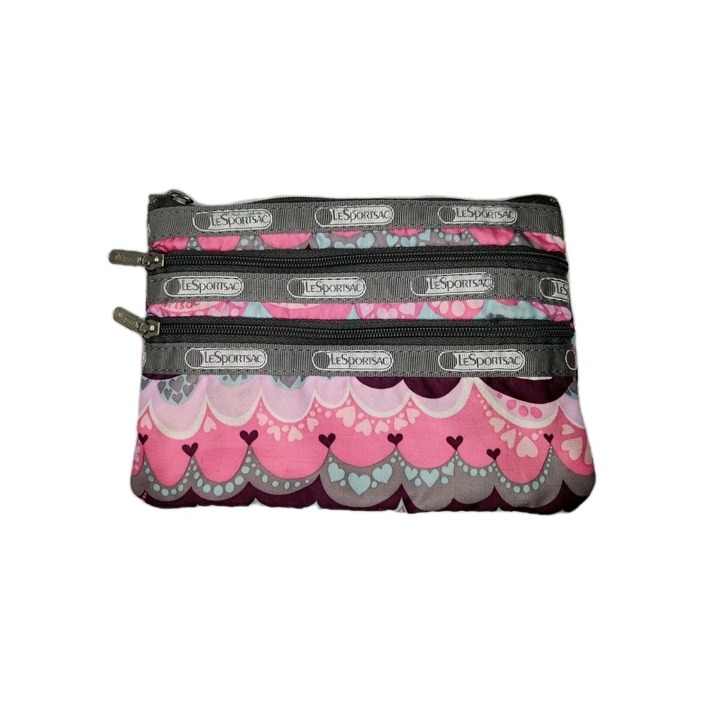 LeSportsac 3 Zipper Wallet Cosmetic Bag Triple Zipper  Pink Grey Hearts